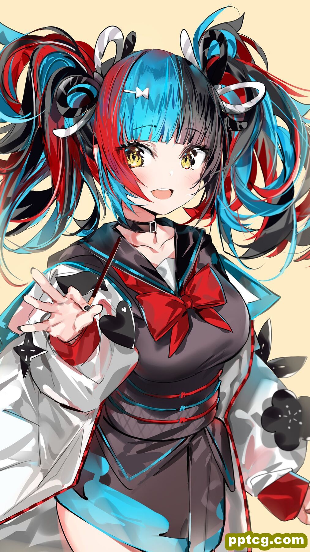 蓝红黑色炫彩发色的创意动漫少女插画手机壁纸-皮皮兔动漫