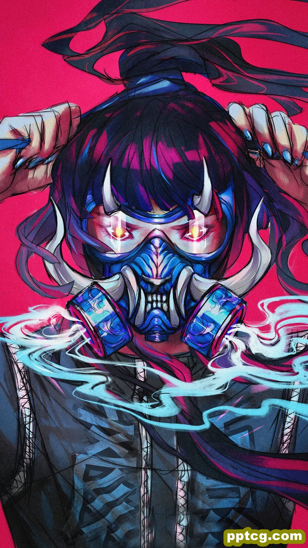 奇特线条朋克画风的戴面具的动漫女生插画手机壁纸-皮皮兔动漫