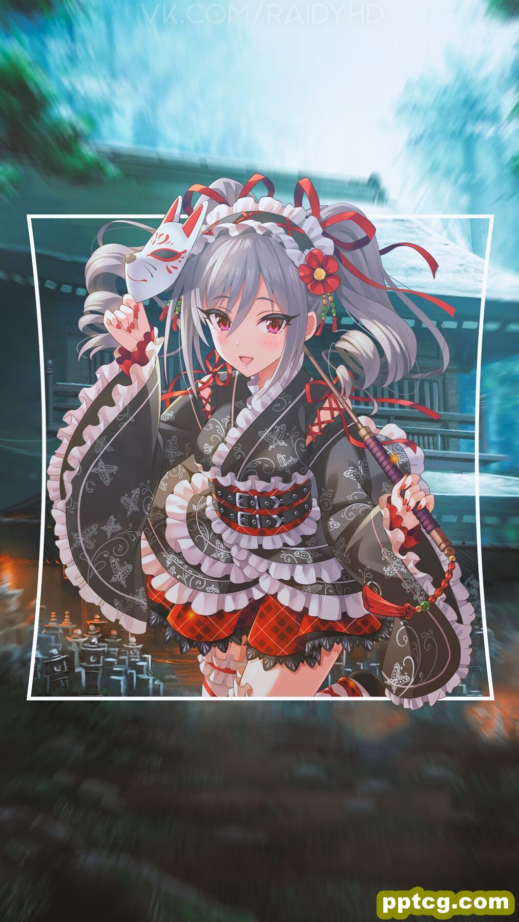 穿和服手机狐狸面具的动漫双马尾人物手机壁纸-皮皮兔动漫