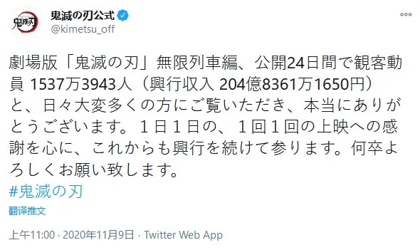剧场版「鬼灭之刃:无限列车篇」票房突破204亿-皮皮兔动漫