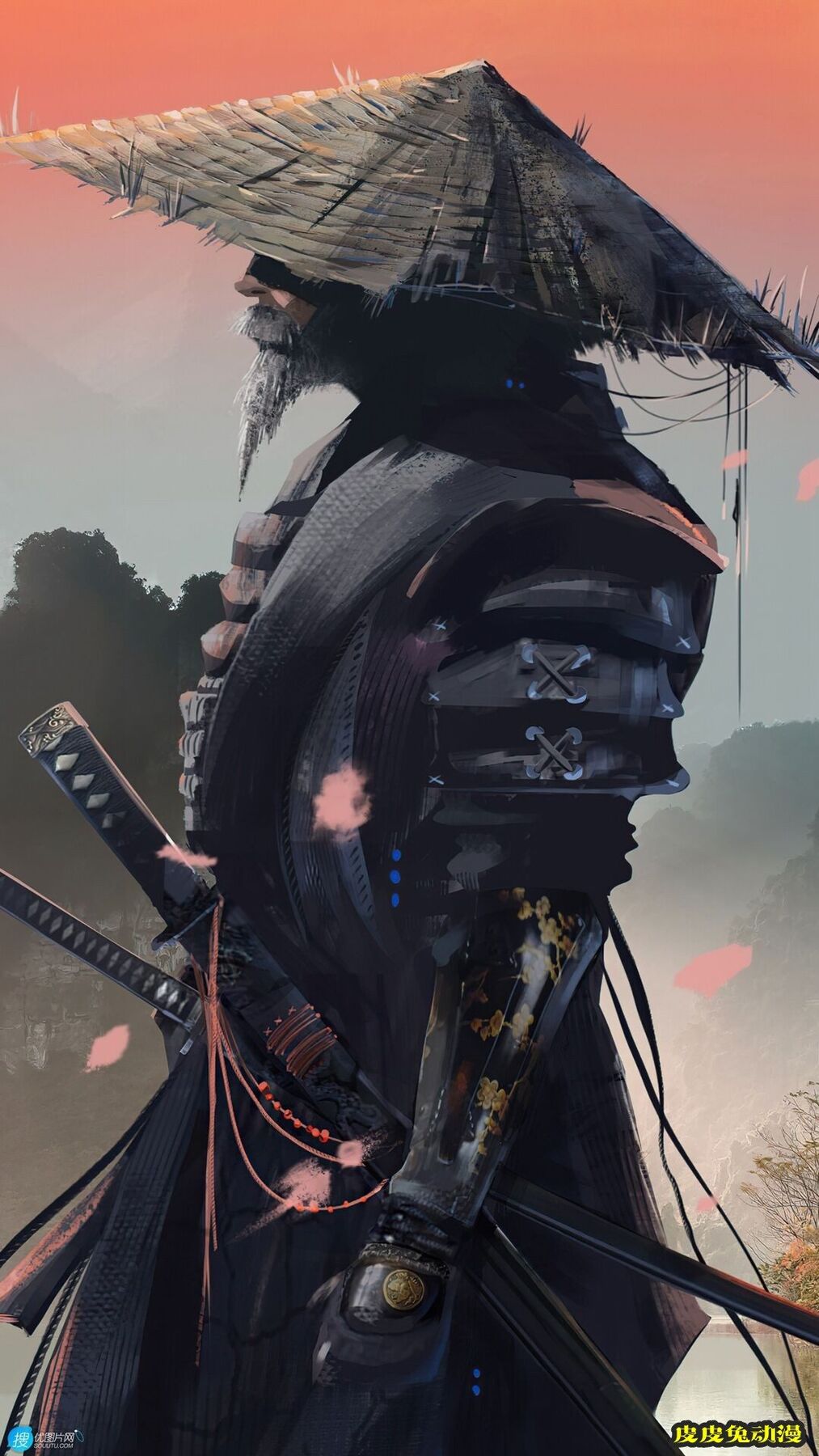 戴着斗笠，留着山羊胡，腰挎双刀得武士酷飒侧影动漫手机壁纸图片-皮皮兔动漫