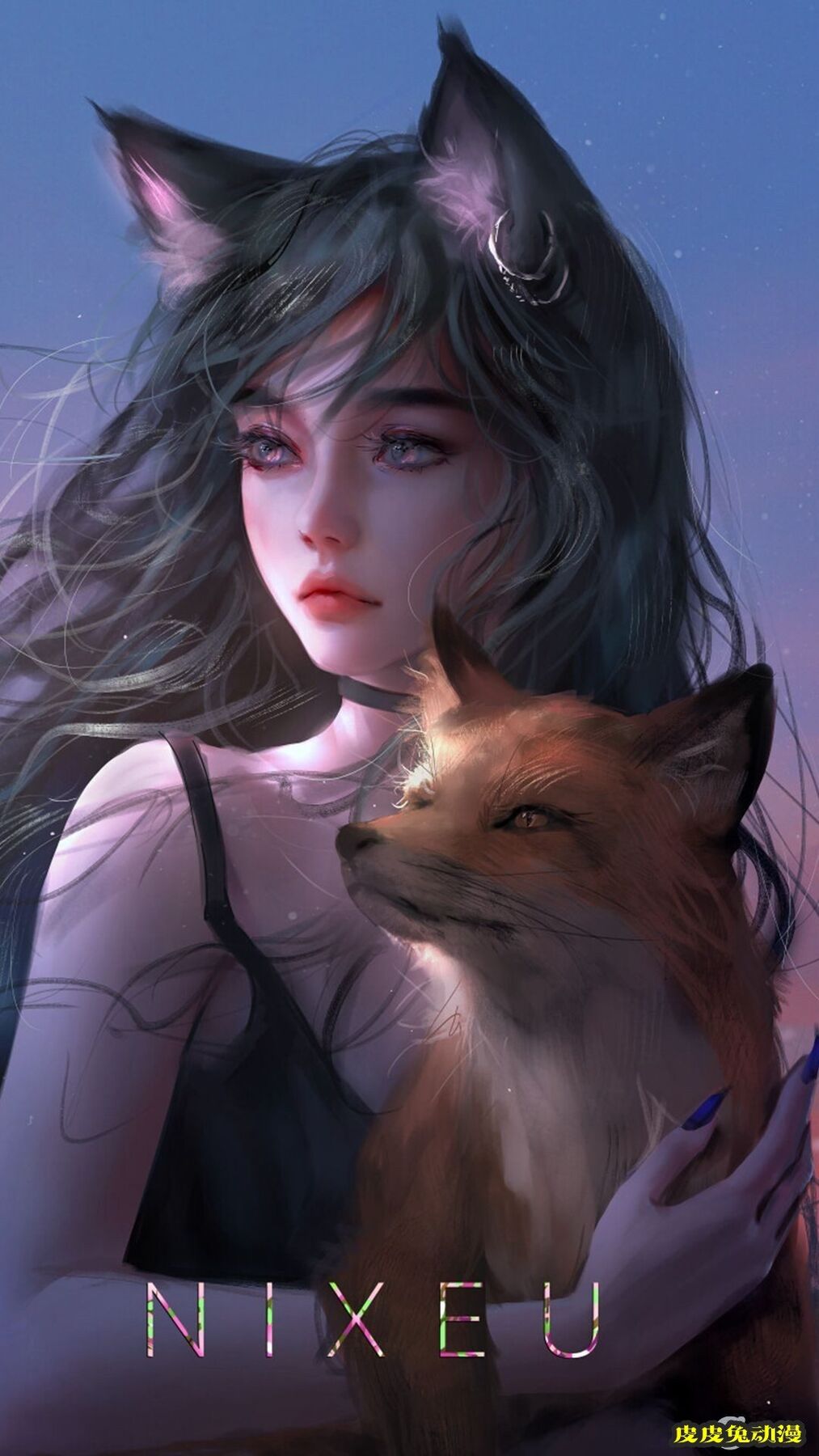 抱着一只狐狸的狐狸耳朵少女高清动漫cg插画手机壁纸图片-皮皮兔动漫