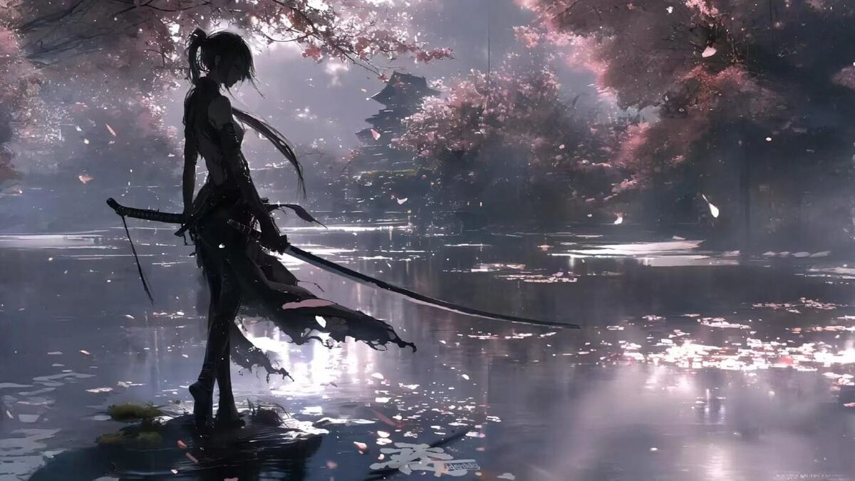 樱花武士精美电脑壁纸:长刀剪影与静谧孤寂