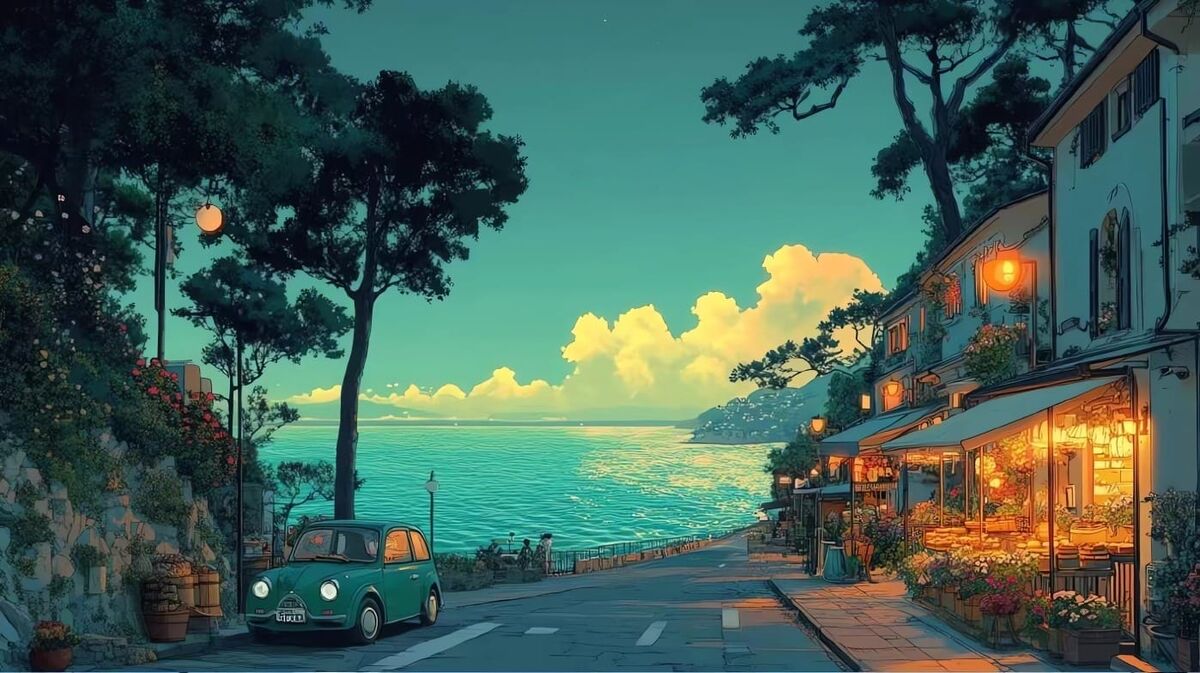 治愈系海边街道2K电脑壁纸：复古小车与温馨花店-皮皮兔动漫
