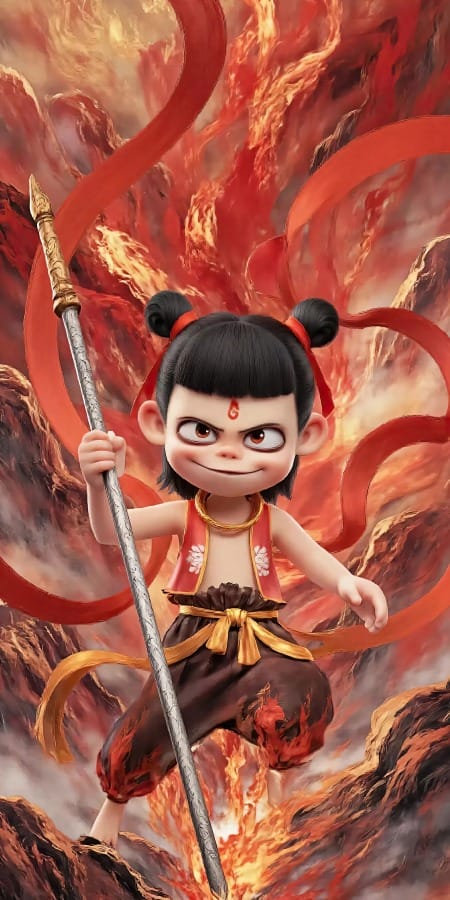 《哪吒之魔童闹海》哪吒2K手机壁纸：烈焰长枪与英勇无畏-皮皮兔动漫
