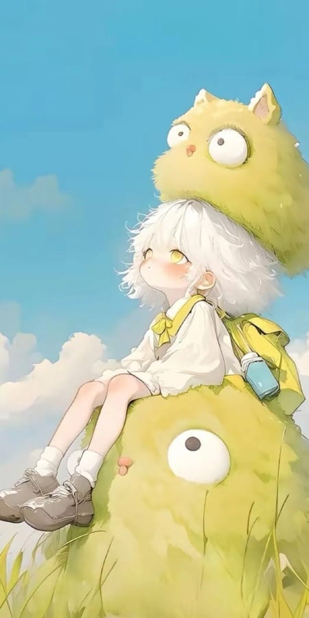 胖萌宠物和可爱小女孩卡通精美手机壁纸:清新夏日的温馨时光