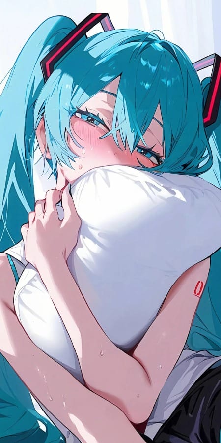 初音未来2K手机壁纸：蓝发少女与温馨抱枕-皮皮兔动漫