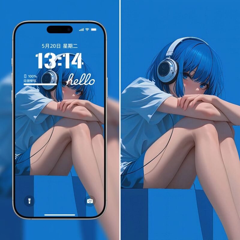 蓝发耳机少女:宁静动漫5K手机壁纸-皮皮兔动漫