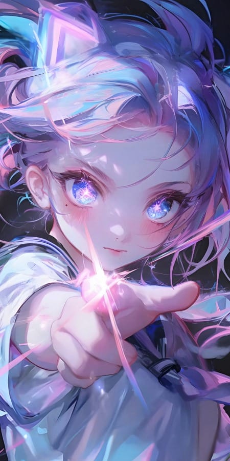 蓝紫发色魔法少女5K手机壁纸：梦幻光芒与星辰之瞳-皮皮兔动漫