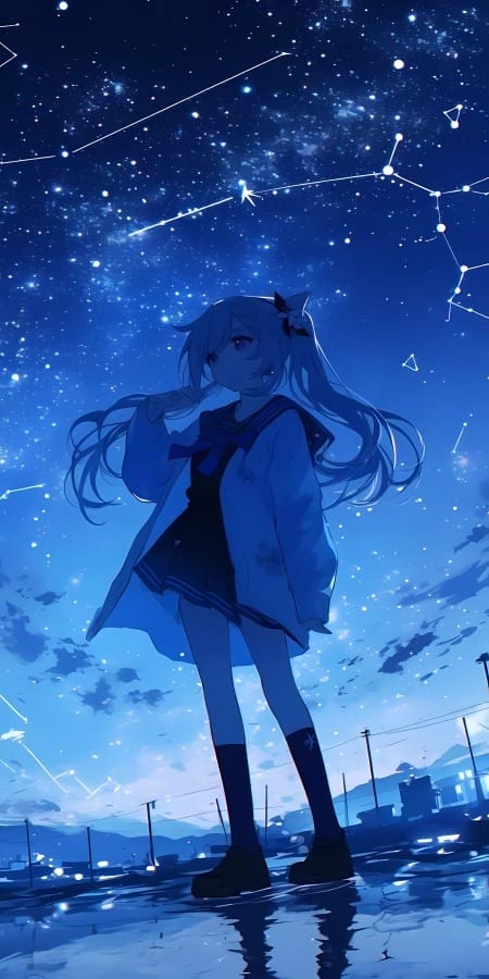 AI绘画动漫5K手机壁纸 – 星空与少女的唯美碰撞-皮皮兔动漫