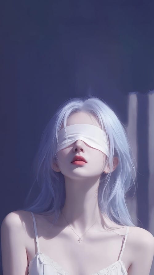 蒙眼白发少女5K壁纸-皮皮兔动漫