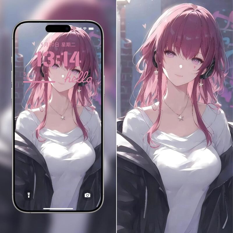 粉色耳机少女:温馨动漫精美手机壁纸