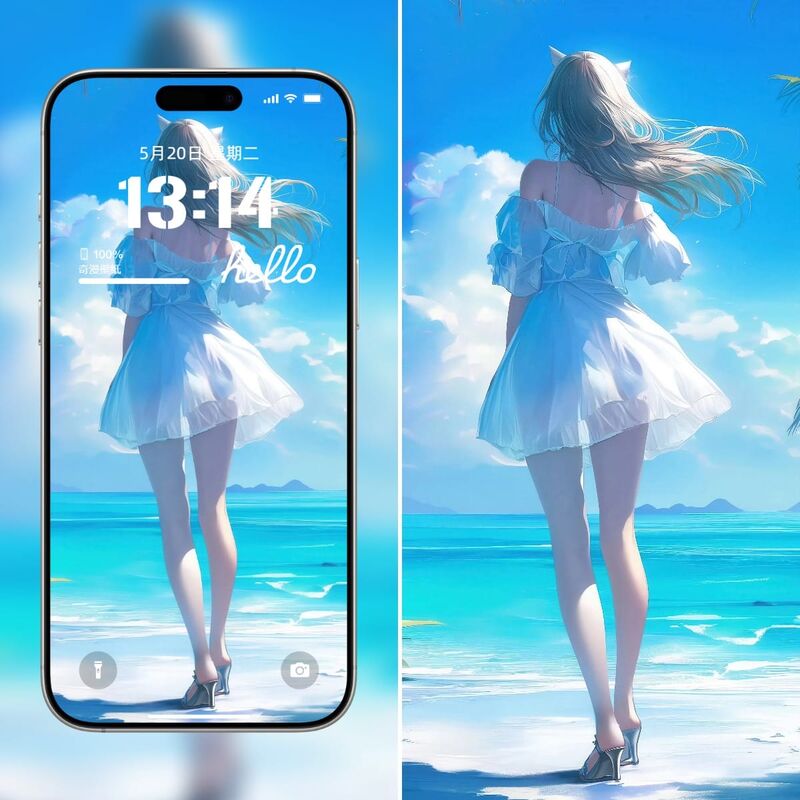 海边微风:清新蓝裙动漫2K手机壁纸-皮皮兔动漫
