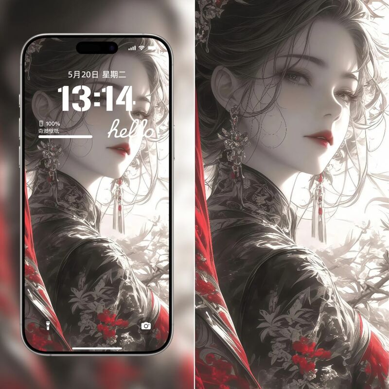 古风红黑花纹女子 – 动漫2K手机壁纸-皮皮兔动漫