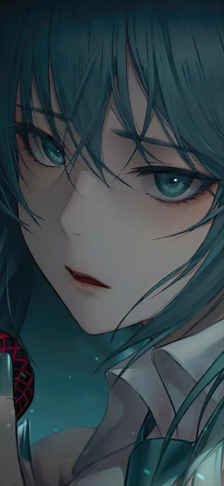 动漫2K手机壁纸：蓝绿长发少女的深邃眼眸魅力瞬间-皮皮兔动漫