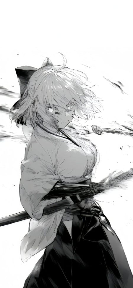 动漫2K手机壁纸：黑白武士少女的凌厉战斗姿态-皮皮兔动漫