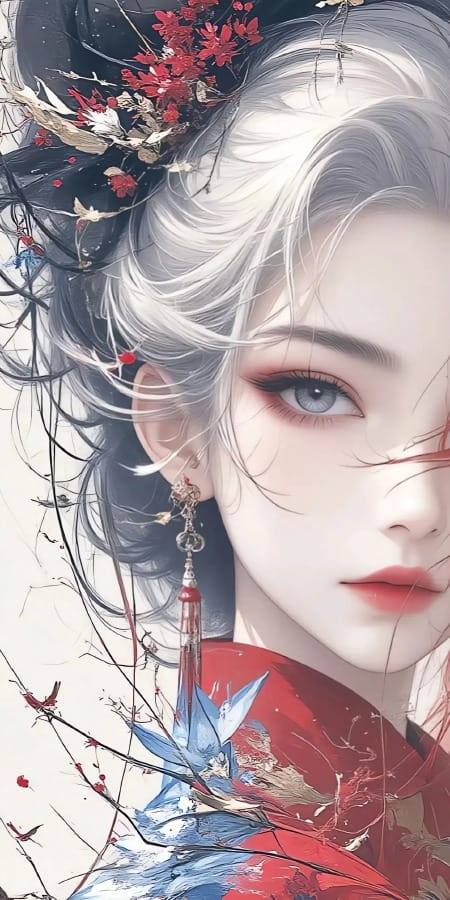 唯美国风动漫2K手机壁纸 | 银发红衣的东方魅力-皮皮兔动漫
