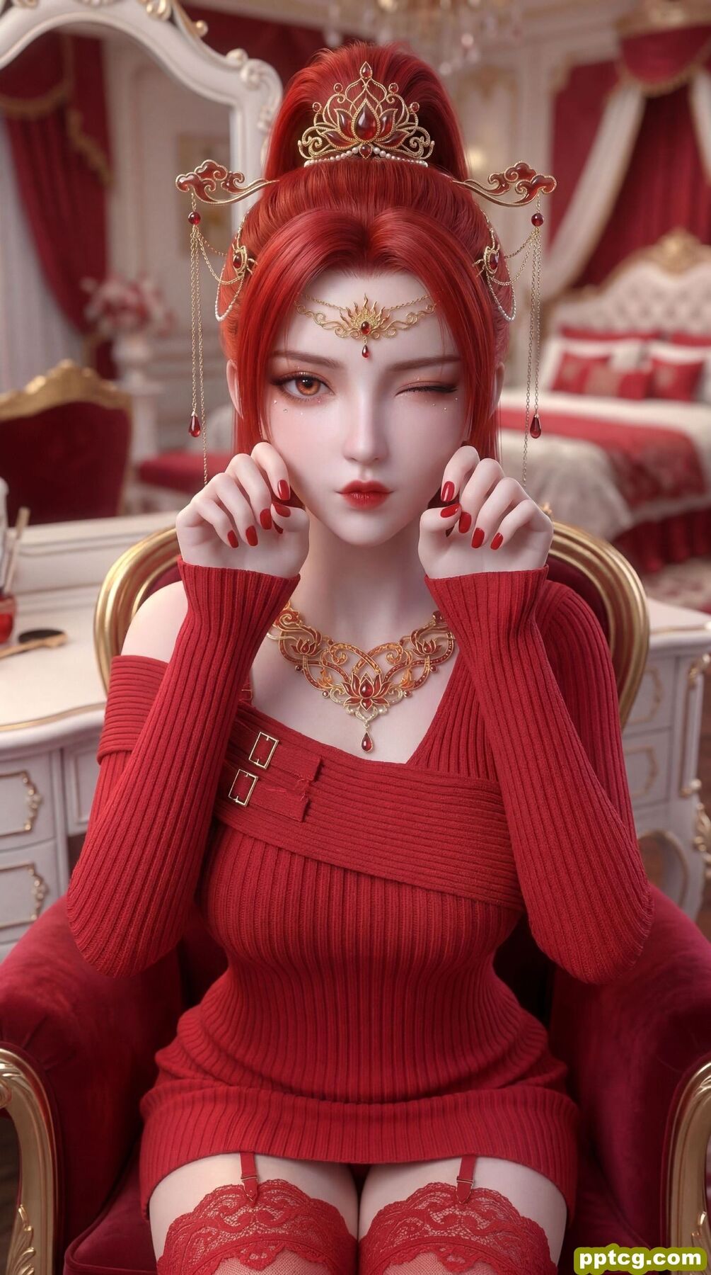 动漫国漫美女美图 红色系壁纸 丹华 蕾丝边吊带丝袜