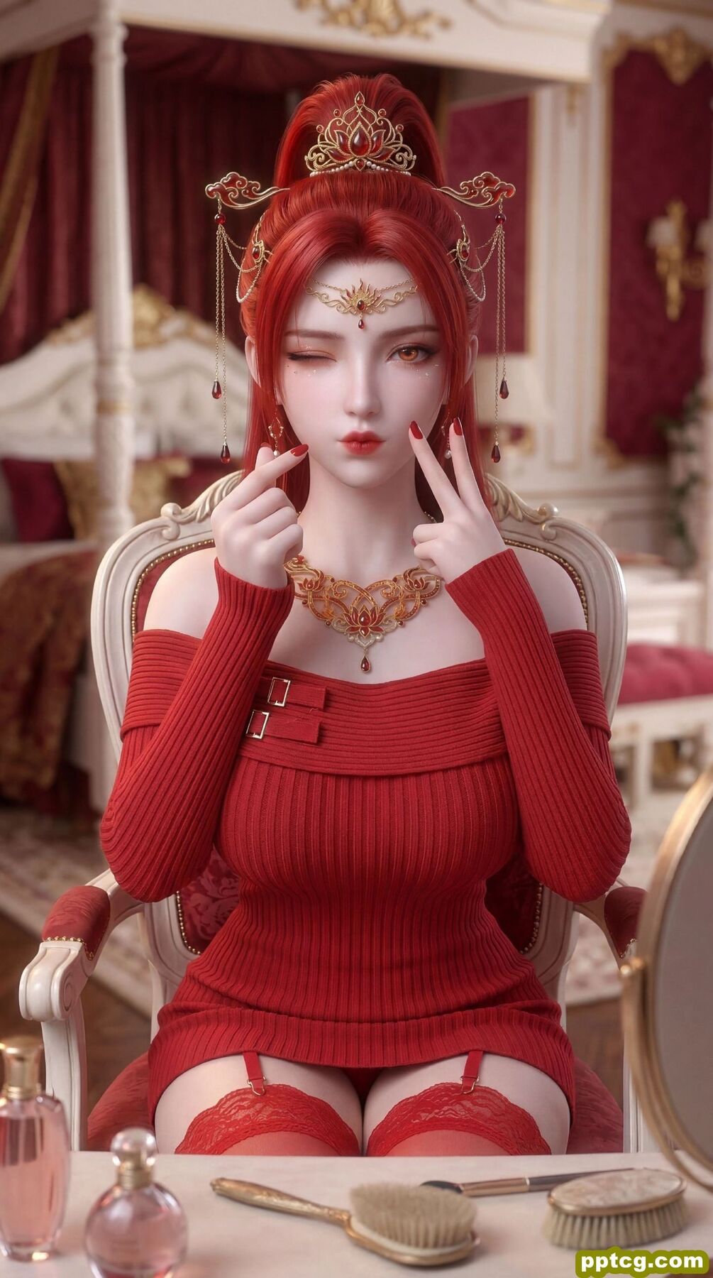 动漫国漫美女美图 红色系壁纸 丹华 蕾丝边吊带丝袜