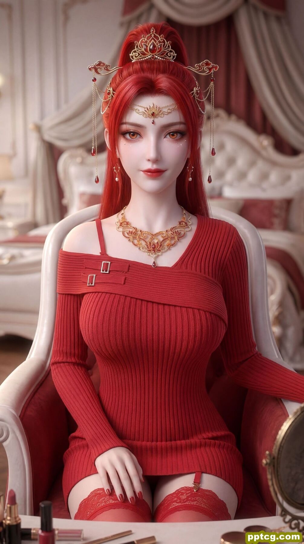 动漫国漫美女美图 红色系壁纸 丹华 蕾丝边吊带丝袜