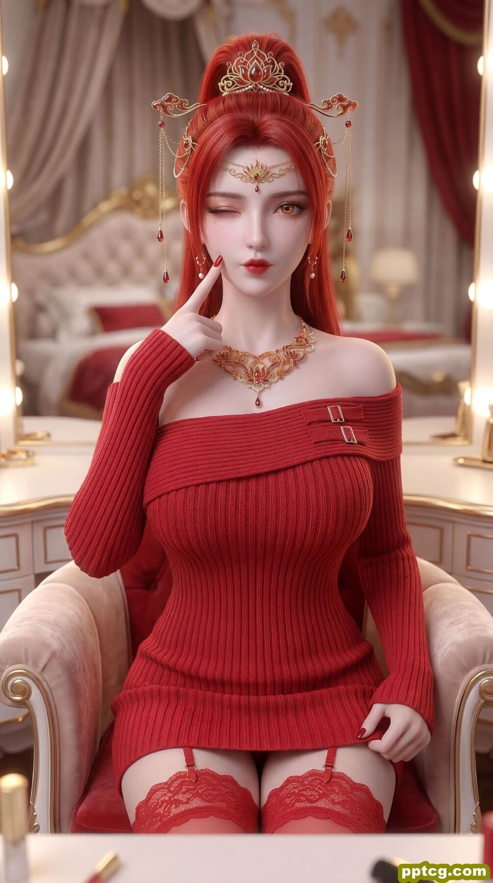 动漫国漫美女美图 红色系壁纸 丹华 蕾丝边吊带丝袜-皮皮兔动漫