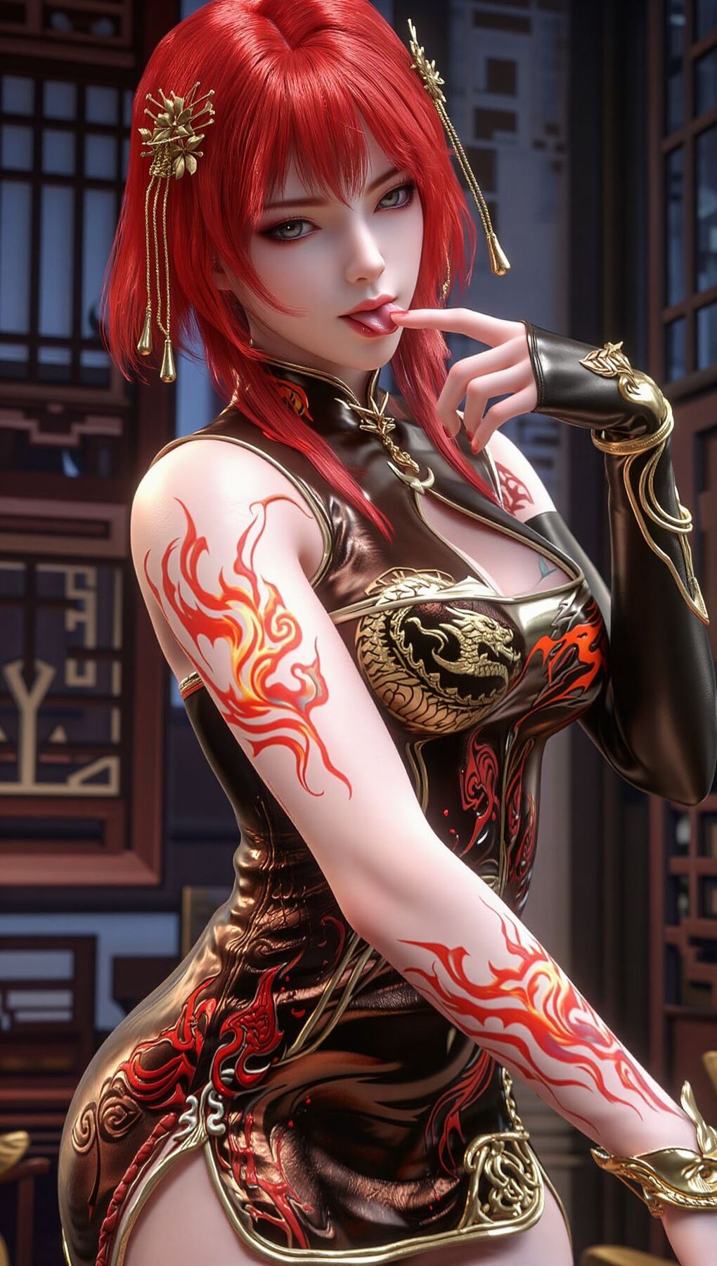 旗袍 超高清 百炼成神 朱绾 红发黑金旗袍 国漫女神壁纸 性感动漫角色,第2张 旗袍 超高清 百炼成神 朱绾 红发黑金旗袍 国漫女神壁纸 性感动漫角色